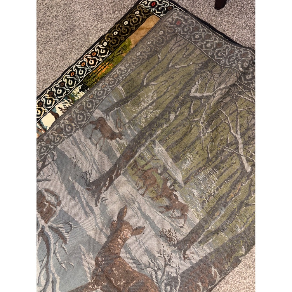 Vtg Velvet Deer Forest Winter Scene Wall Tapestry Hanging XL 75x50 Rustic Cabin - Picture 5 of 9